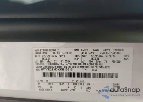 2019 Ford Transit-250 z USA, uszkodzony, nr VIN 1FTYR2ZM3KKB10610